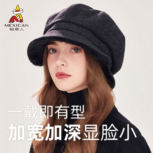 稻草人加绒帽子女士冬季加厚护耳显脸小保暖鸭舌渔夫帽宽檐八角帽