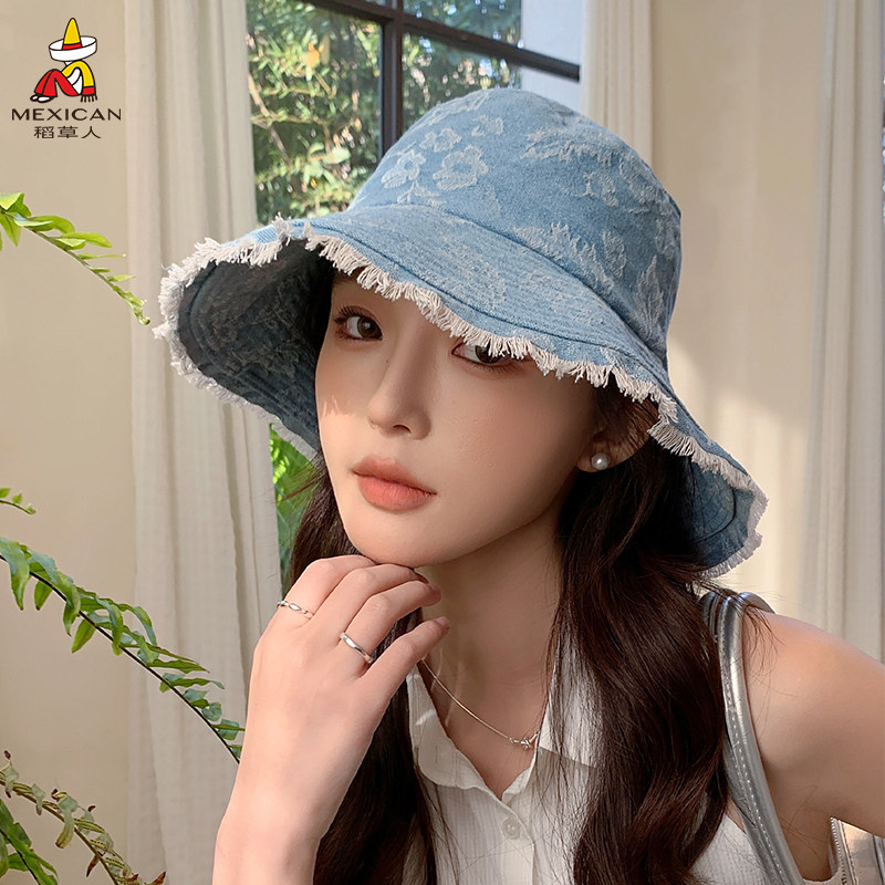 稻草人日系牛仔渔夫帽女春夏防晒透气遮阳毛边宽檐帽户外潮流盆帽