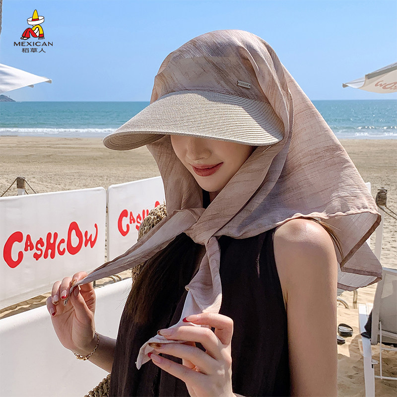稻草人新款绑带丝巾草编帽女夏季防晒防紫外线护颈遮阳帽太阳帽子
