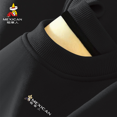 稻草人秋冬季加绒卫衣男加厚保暖圆领上衣重磅百搭厚实套头衫潮Z