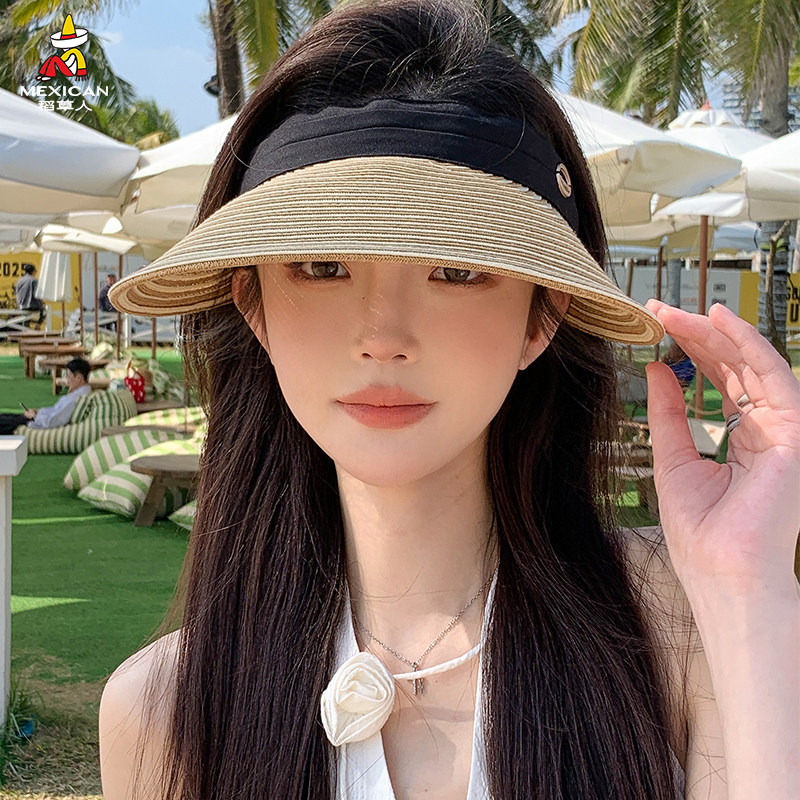 稻草人夏季空顶草帽女可折叠宽檐防晒遮阳帽防紫外线出游编织帽