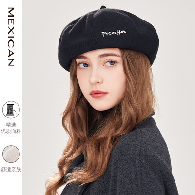 稻草人贝雷帽女冬韩日系黑色英伦复古大头围艺术生画家帽子显脸小