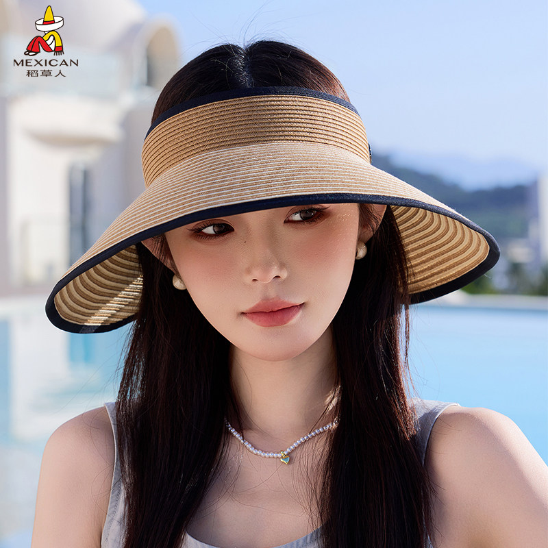 稻草人草帽女夏季空顶大帽檐防晒透气遮脸沙滩帽编织遮阳帽可折叠