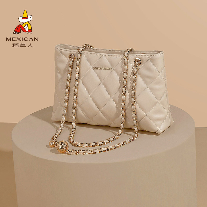 稻草人包包新款女式大容量菱格链条百搭牛皮小众高级感真皮斜挎包