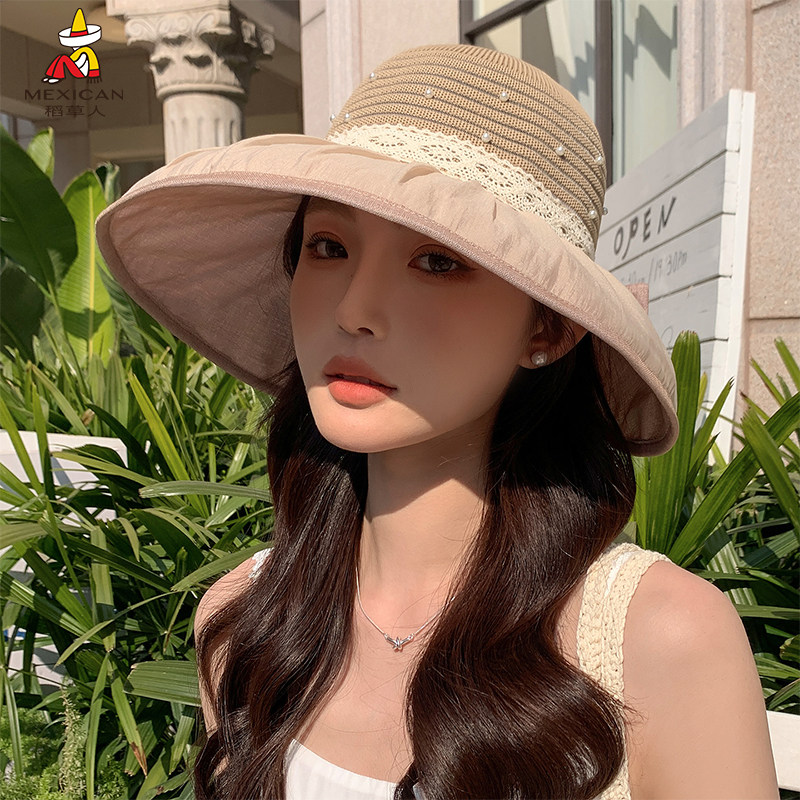稻草人蕾丝草帽女夏季防晒遮阳大帽檐户外显脸小户外度假太阳帽