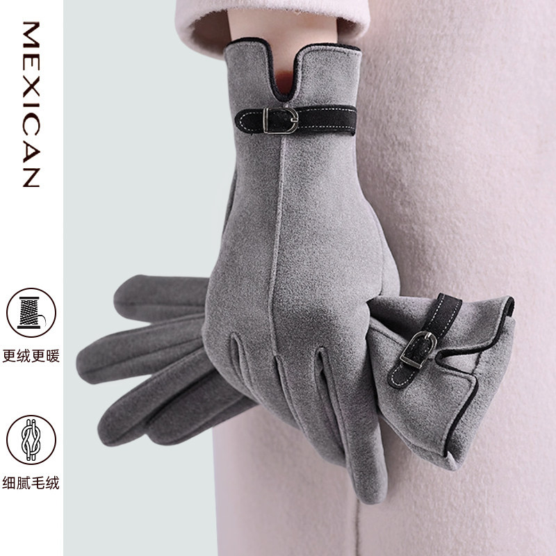 稻草人麂皮手套女士冬季骑行防风露指保暖手套可触屏加绒冬天骑车