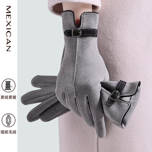 稻草人麂皮手套女士冬季骑行防风露指保暖手套可触屏加绒冬天骑车