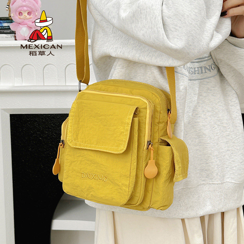 稻草人休闲轻便女士小方包尼龙布单肩包纯色简约风旅游逛街斜挎包