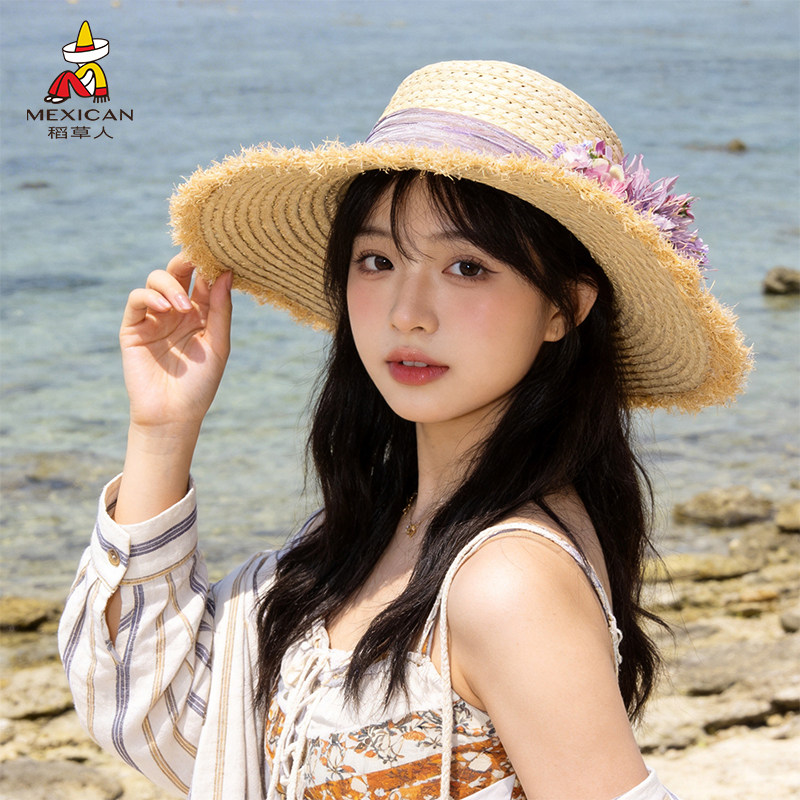 稻草人法式花朵拉菲草帽女夏季大帽檐海边度假风遮阳防晒编织帽子