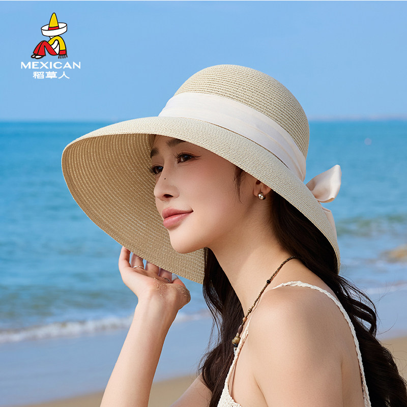 稻草人法式蝴蝶结草帽女夏天大檐可折叠沙滩遮阳防晒太阳渔夫帽