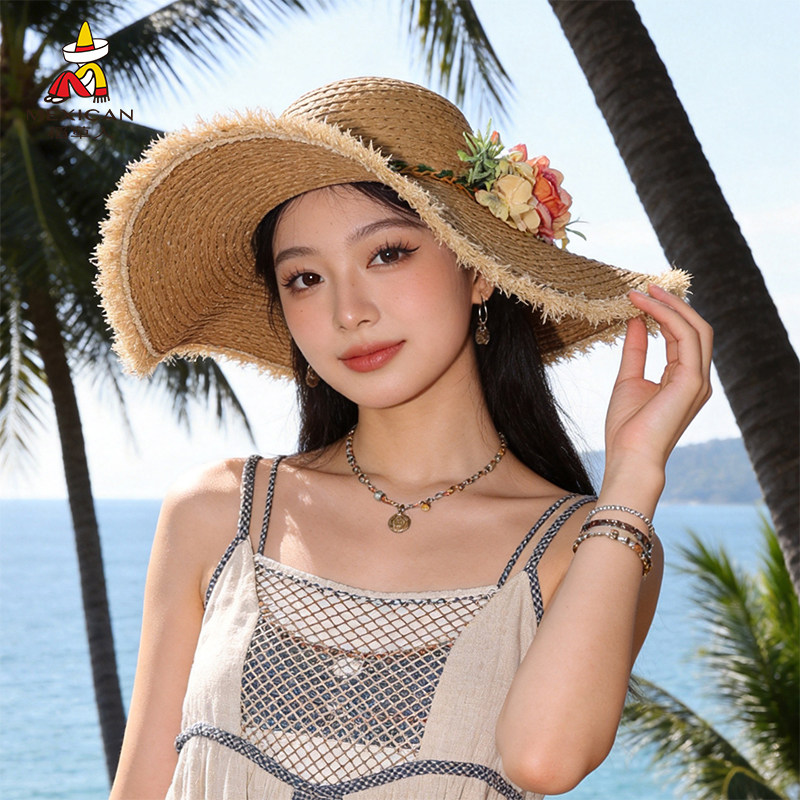 稻草人大帽檐花朵防晒草帽女海边度假防紫外线遮阳防晒帽沙滩帽夏