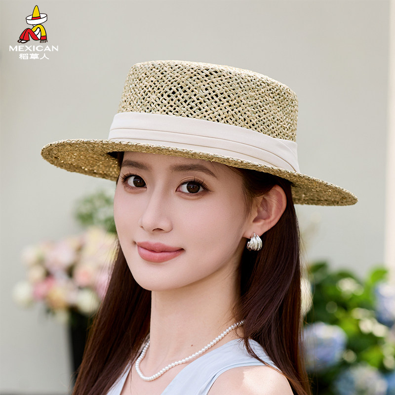 稻草人镂空编织草帽女夏季度假防晒透气遮阳帽宽檐平顶礼帽高级感