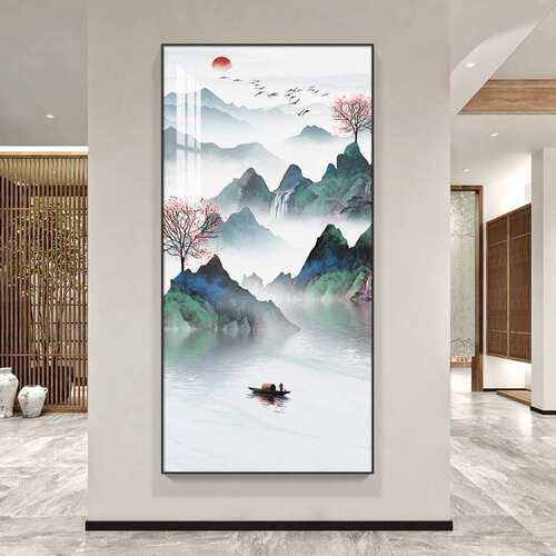 新中玄关画走山水挂户画晶瓷壁画竖版式玄关装饰画44入廊过道山水