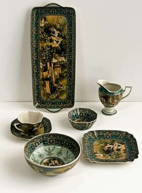 出口瓷VRK老货器人欧洲物名画绿色盘釉中彩盘