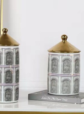 现轻EGZ奢建筑图案陶电瓷盖样板房客厅玄关售楼代部软装饰品罐镀