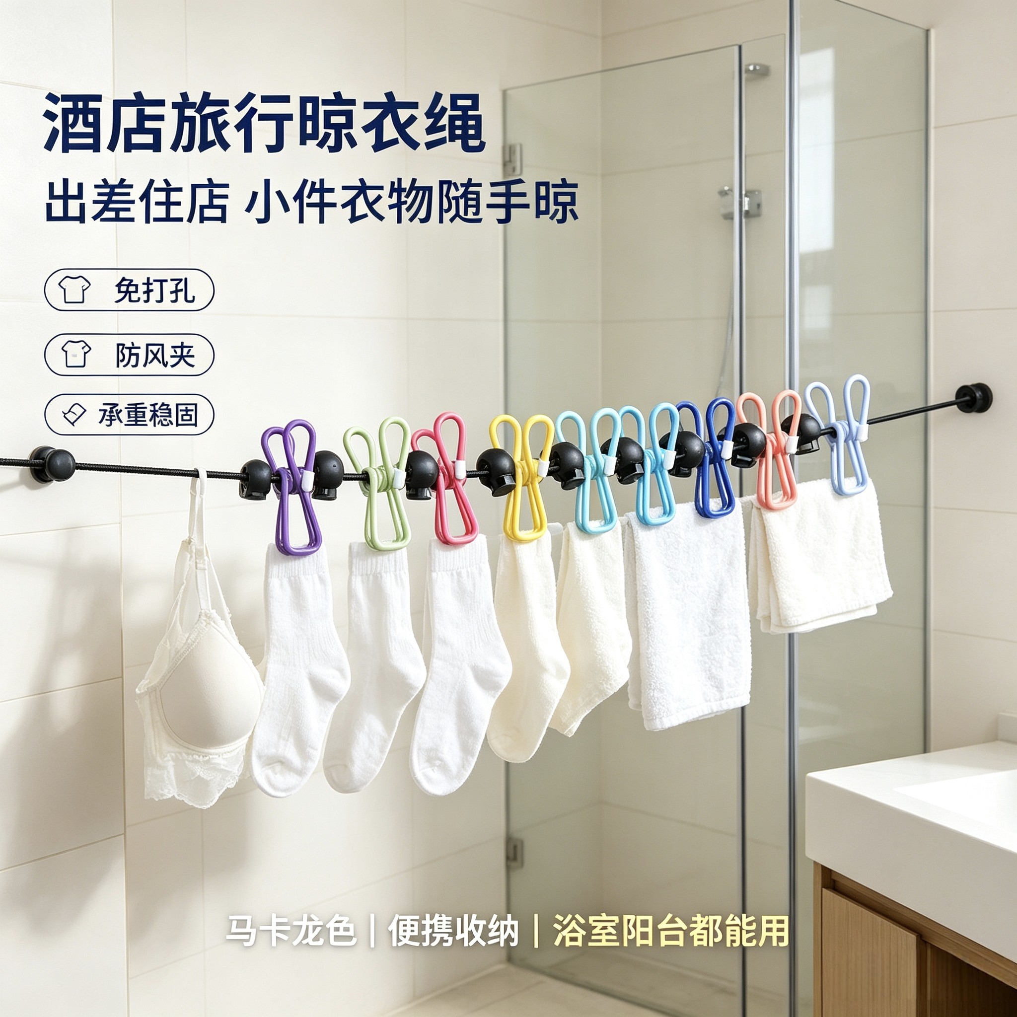旅行晾衣绳室外室内晒衣绳子酒店挂衣绳一拉即紧旅游便携式神器