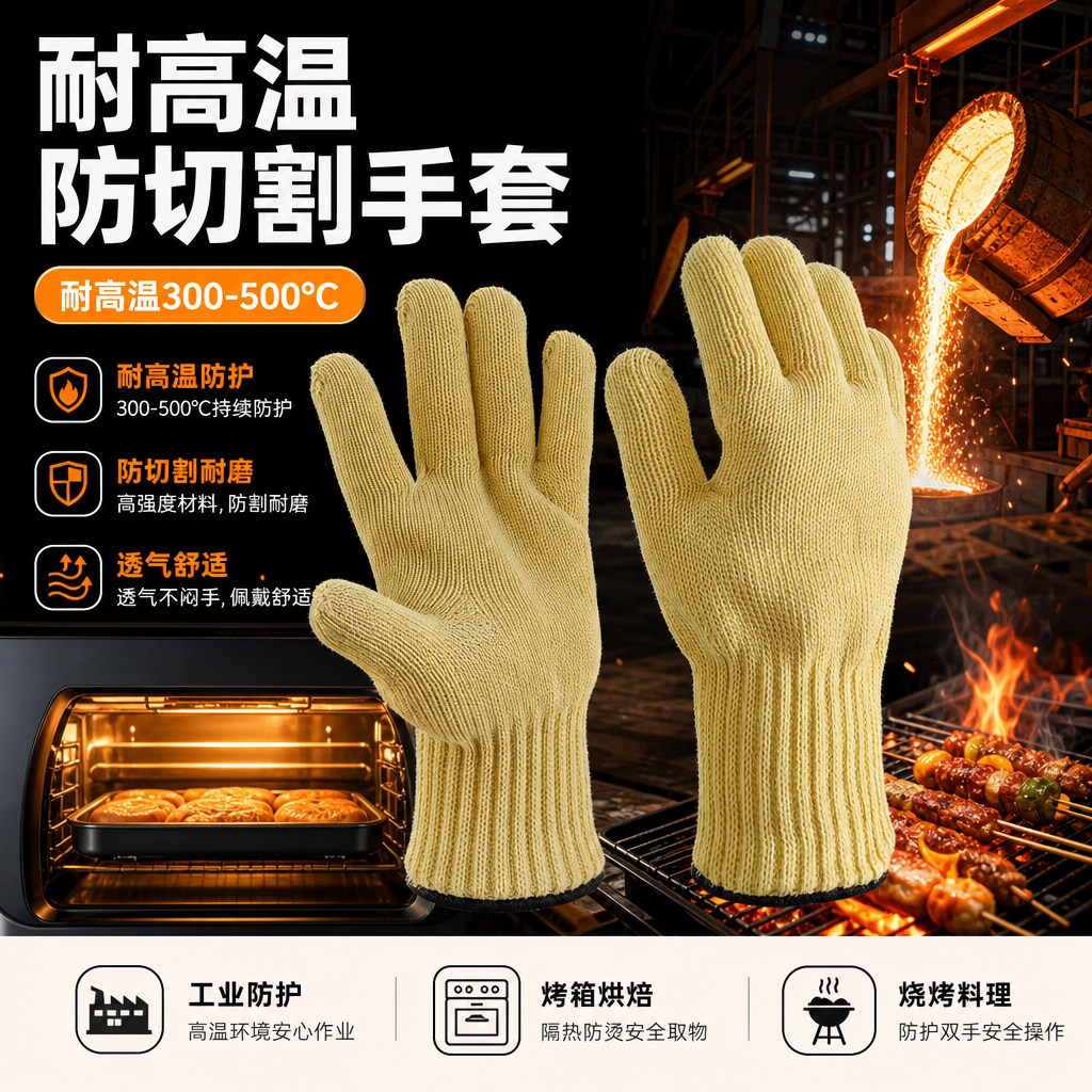 芳纶耐高温防烫手套500℃防切割阻燃隔热烤箱烧烤烘焙五指灵活
