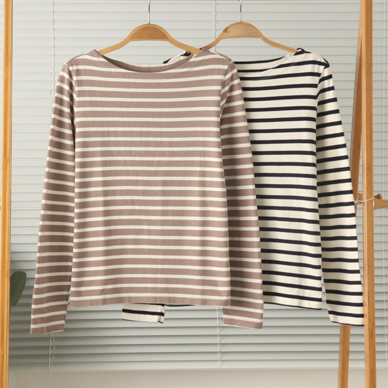 女针织纯棉新疆棉条纹风长袖T恤家居服睡衣上衣U打底衫内搭秋冬