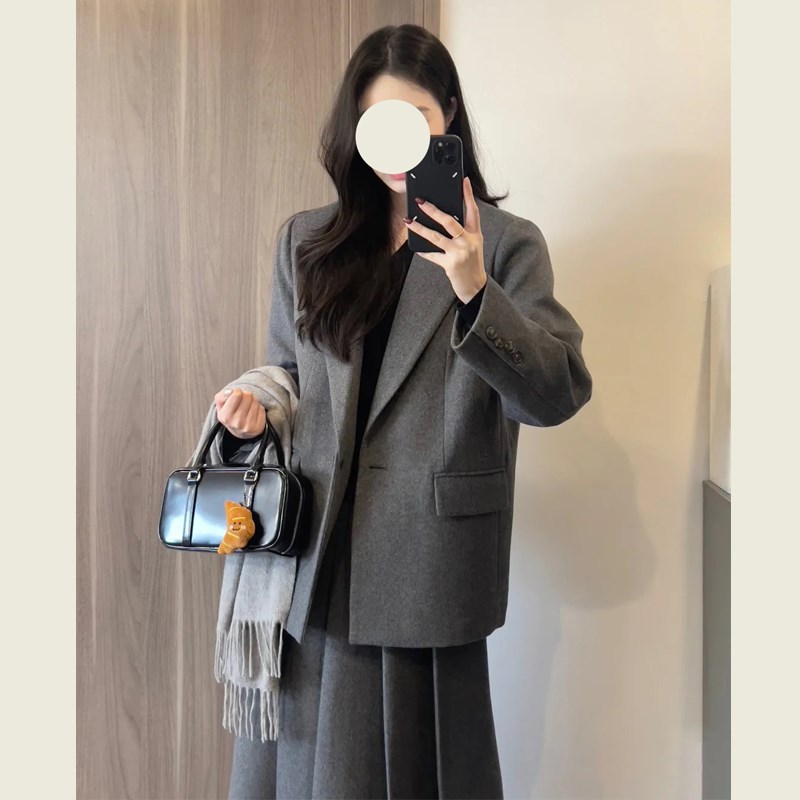 韩系毛呢西装套装女秋冬设计感灰色复G古呢子外套百褶半身裙两件