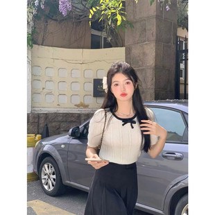 女O夏季 短袖 针织衫 上衣 甜美圆领修身 学院吐司 范雯雯 麻花泡泡袖