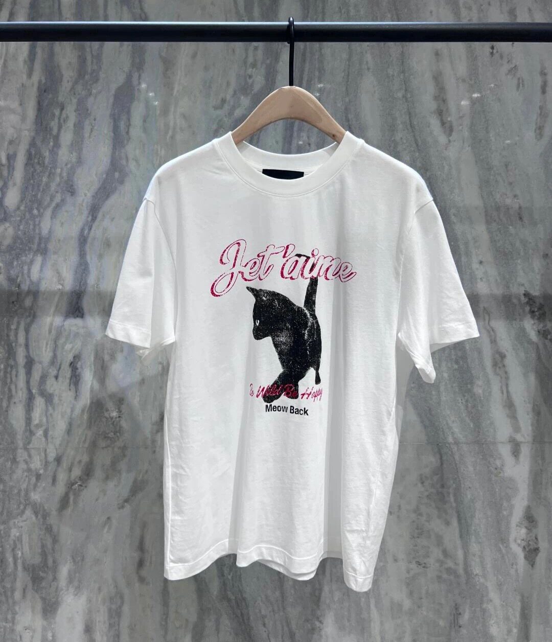 正品2025夏新品斑驳猫咪印花圆领白色宽松棉质短袖T恤MBE2TEE046