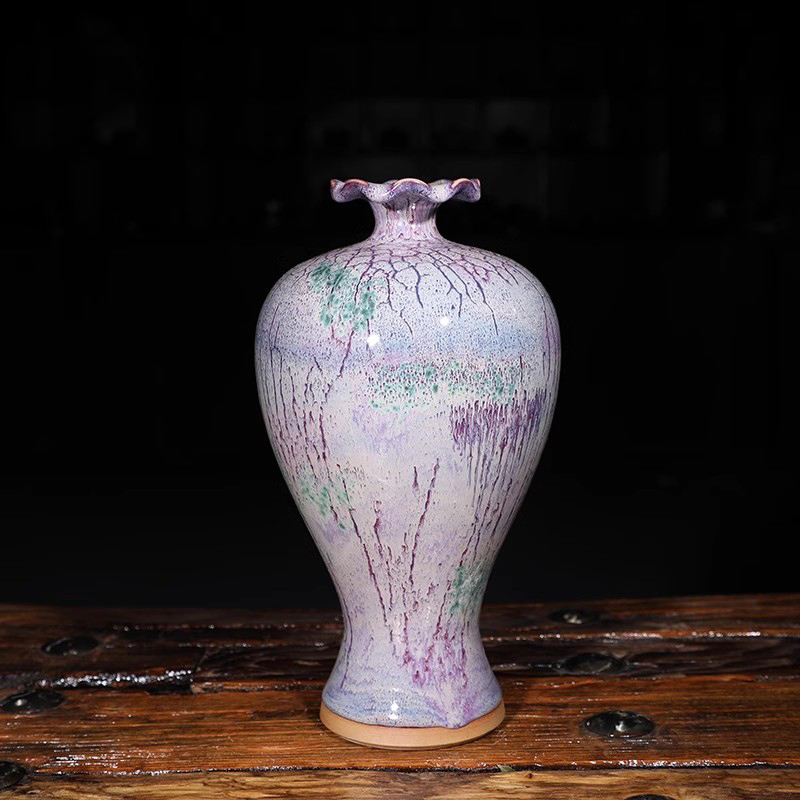 钧瓷蚯蚓走泥纹荷韵瓶淑女瓶家居装饰陶瓷花瓶前台客厅摆件礼盒装