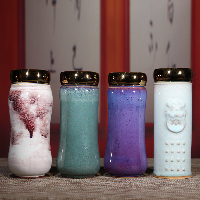 禹州神垕钧瓷茶杯水杯钧窑变釉陶瓷活水养生杯双层隔热送礼盒装