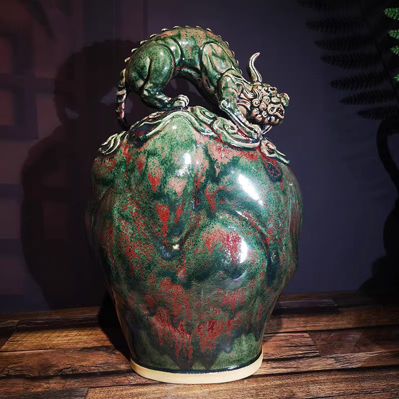 禹州神垕钧瓷摆件李亚飞手签款柴烧釉天降祥瑞客厅玄关高档陶礼品