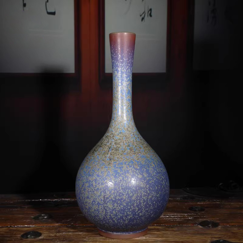 钧瓷花瓶鹅颈瓶李亚飞纯手工拉胚炭烧手签款炉钧釉珍品收藏摆件