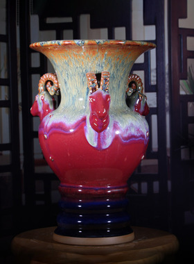 钧瓷温家钧窑窑变釉三阳开泰陶瓷家居办公室博古架摆件高档送礼品