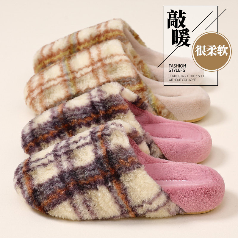 复古格纹棉拖鞋女冬季2025新款室内家居保暖防滑毛绒拖鞋男生厚底