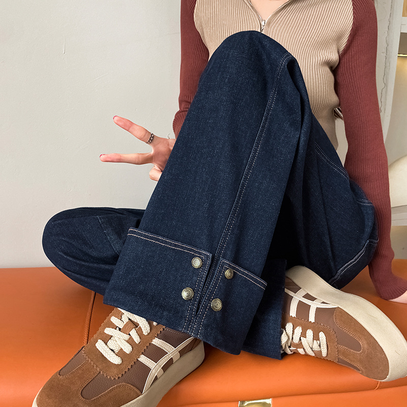 复古阔腿牛仔裤女长裤秋冬季新款设计感卷边宽松显瘦大码直筒裤子