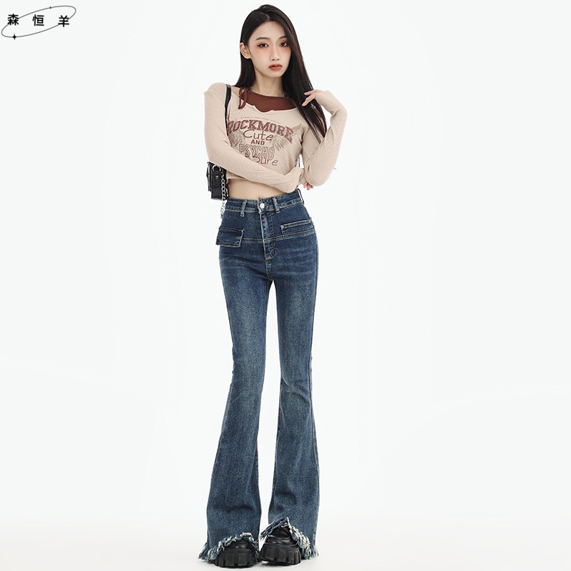 微喇牛仔裤女春秋新款遮胯紧身复古流苏毛边喇叭裤子弹力显瘦加长