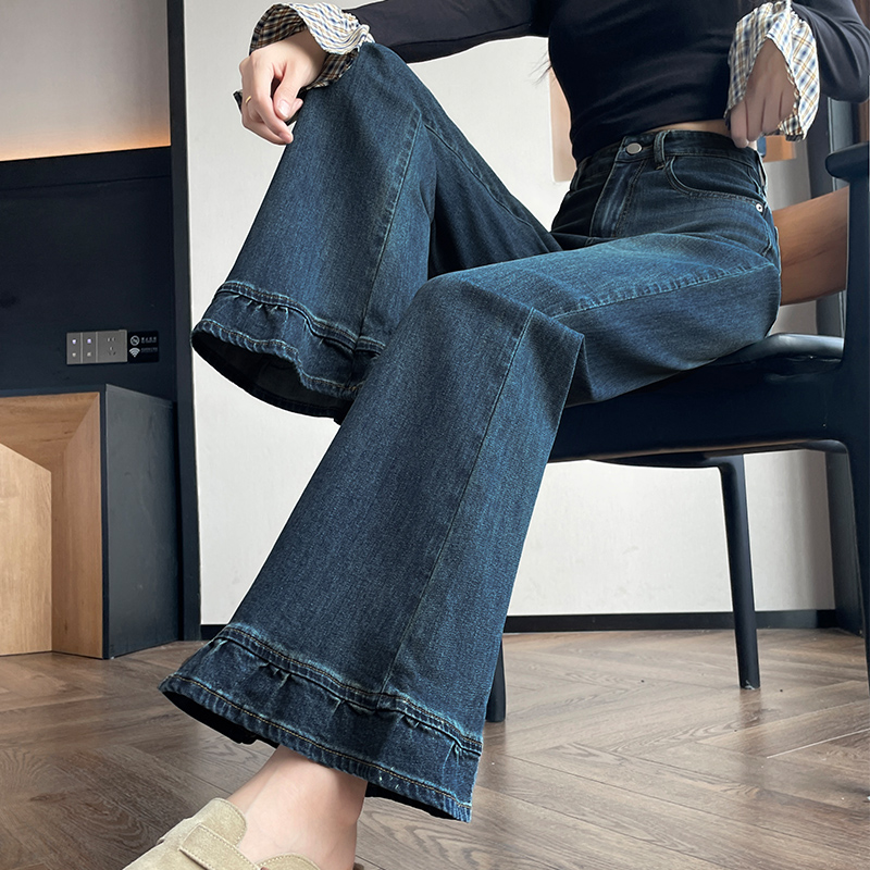 花苞阔腿牛仔裤女长裤春秋季新款高腰弹力宽松不贴腿拖地喇叭裤子