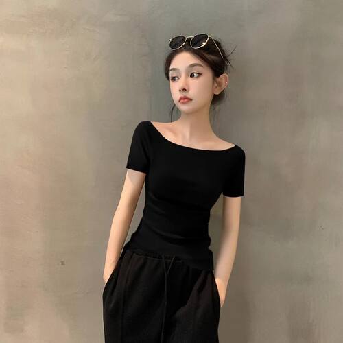 纯棉黑色一字领短袖t恤女夏季性感修身显瘦辣妹打底一字肩上衣潮