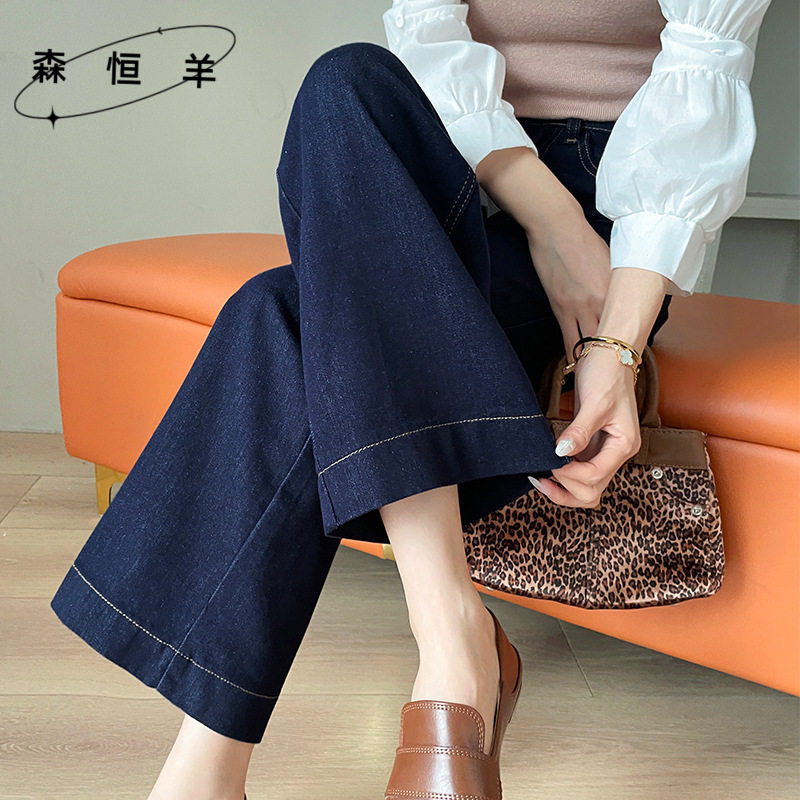 杏色直筒加绒牛仔裤女秋冬季新款高腰显瘦九分窄版阔腿裤子2025