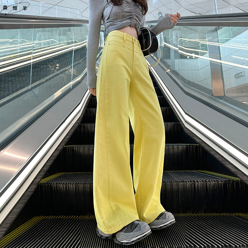 直筒裤子柠檬黄阔腿牛仔裤女春秋2025年新款显瘦潮流宽松百搭洋气