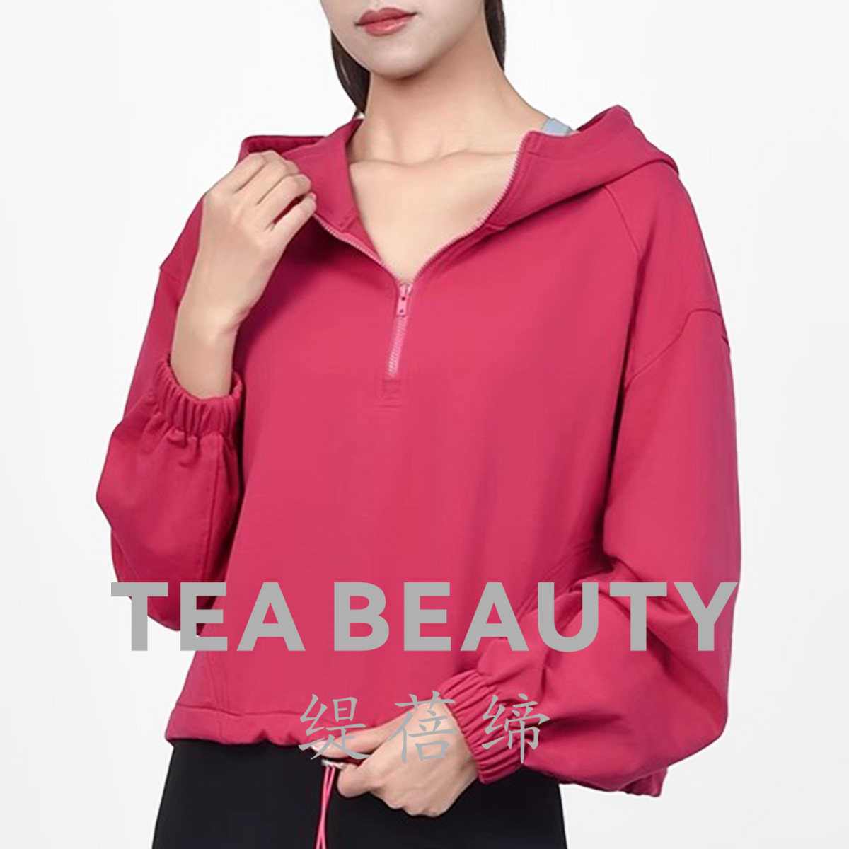 Tea Beauty极简风连帽拉链卫衣女宽松休闲外套红色长袖上衣宽松型