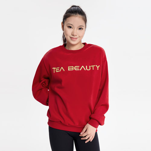 Tea Beauty休闲慵懒风红色字母印花圆领卫衣女宽松长袖上衣