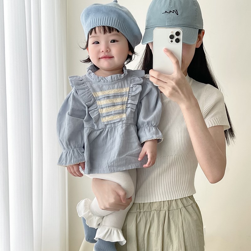 女童春秋装花边领娃娃衫喇叭裤套装宝宝长袖宽松衬衫婴儿可爱长裤