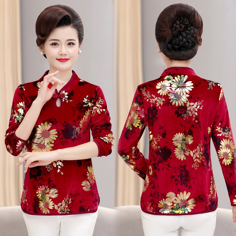 中老年女装中国风旗袍领短款洋气打底衫40岁50妈妈装长袖唐装上衣