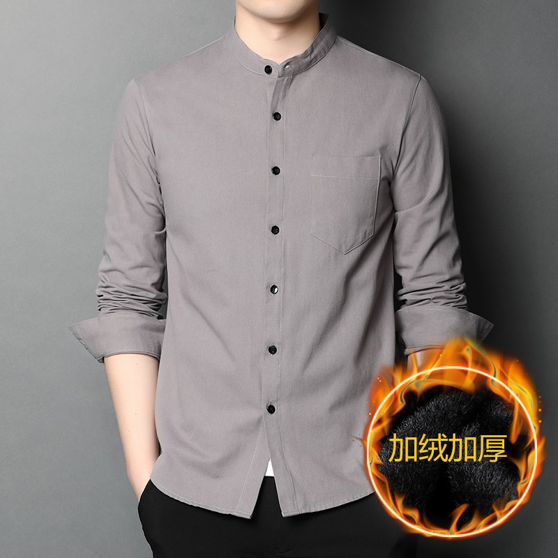 男士加绒衬衫男长袖秋冬季纯棉立领改良中山装无领中国风保暖衬衣