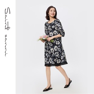 圣轩尼无领宽松A字款 优雅连衣裙女蕾丝边裙摆E297 灰花七分袖