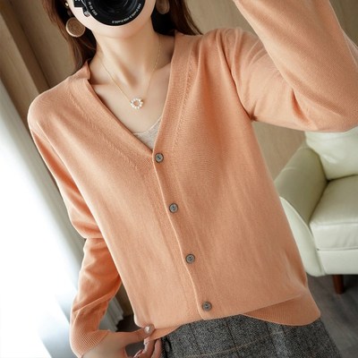 V领开衫外套女宽松大码纯棉线针织衫春秋薄款长袖毛衣外搭不起球