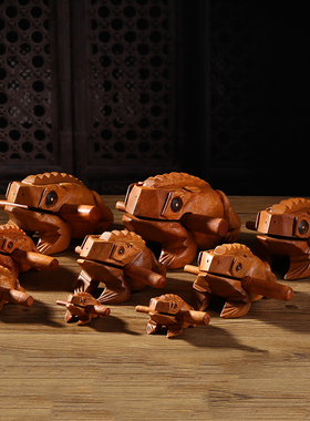 泰国招财蛙发声实木青蛙木蛤蟆蟾蜍木鱼木雕刻diy摆件木蛙木工艺