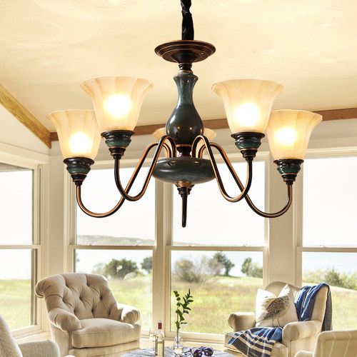 美式吊灯复古餐厅灯简约卧室灯奢华别墅灯具欧式灯饰陶瓷客厅吊灯