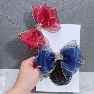 韩国气质雪纺纱儿童跳舞蹈演出盘发大蝴蝶结发网女童皇冠网兜头花