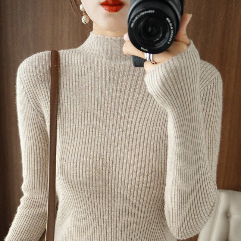 配大衣的半高领毛衣女新款2022秋冬修身内搭中领紧身针织打底衫女