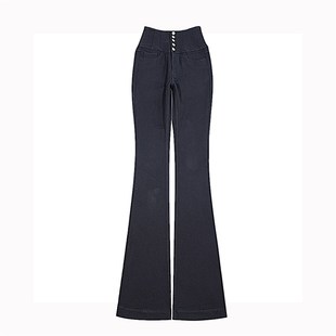 长裤 AOAOMISSSHOP鳌鳌家 高腰5粒扣纯黑牛仔喇叭裤 收腹 不易掉色