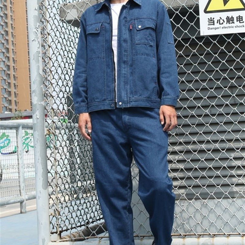 牛仔电焊工作服套装男长袖焊工防烫劳保服工地劳动耐磨加厚男装